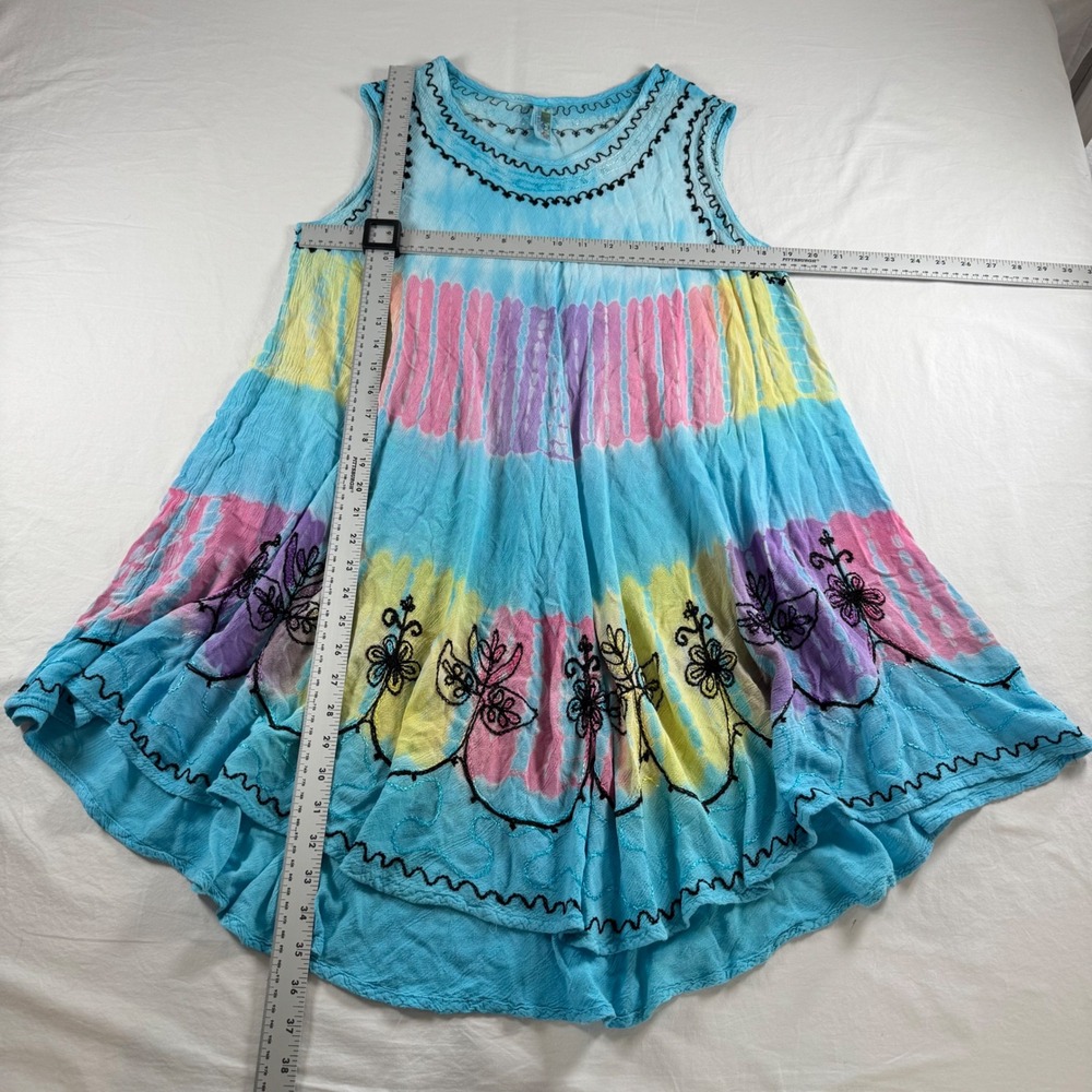 India Boutique Size Free Size Blue Tie Dye Embroidered Sleeveless Tunic Dress - Picture 3 of 7